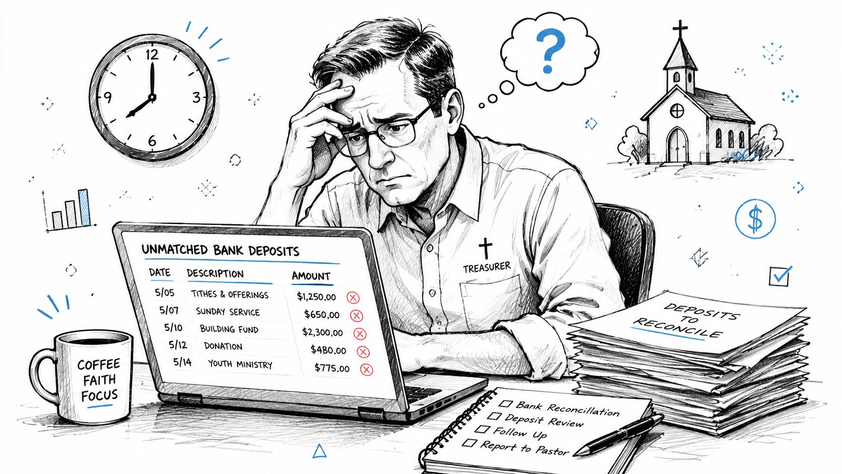 A stressed church treasurer looks at a laptop screen filled with unmatched bank deposits and paperwork.