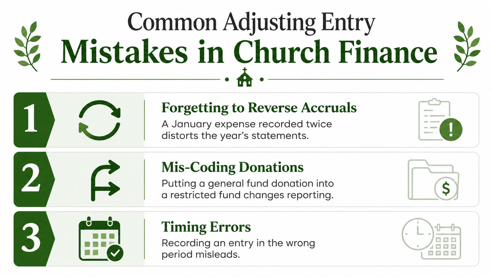 An infographic titled Common Adjusting Entry Mistakes in Church Finance listing three financial errors with icons.