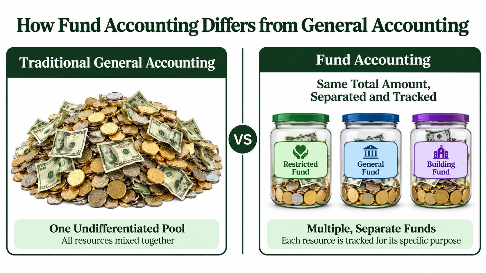 A comparison illustration showing traditional accounting as a single pool of money versus fund accounting as separated jars.