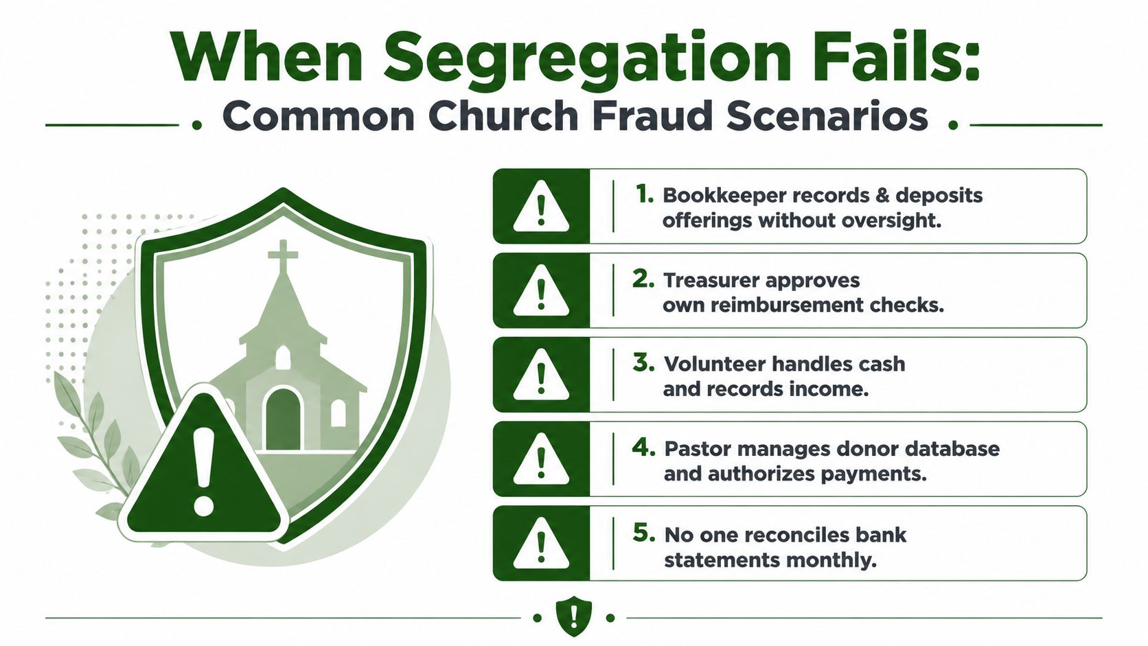 An infographic detailing five common church fraud scenarios occurring when there is a lack of duty segregation.