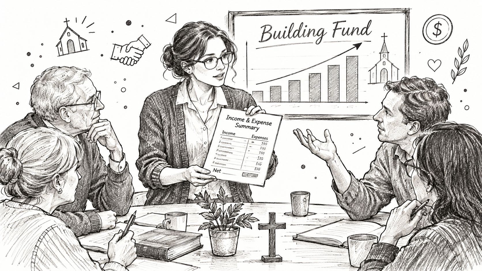 A group of people sitting around a table reviewing a financial stewardship report for a church building fund.