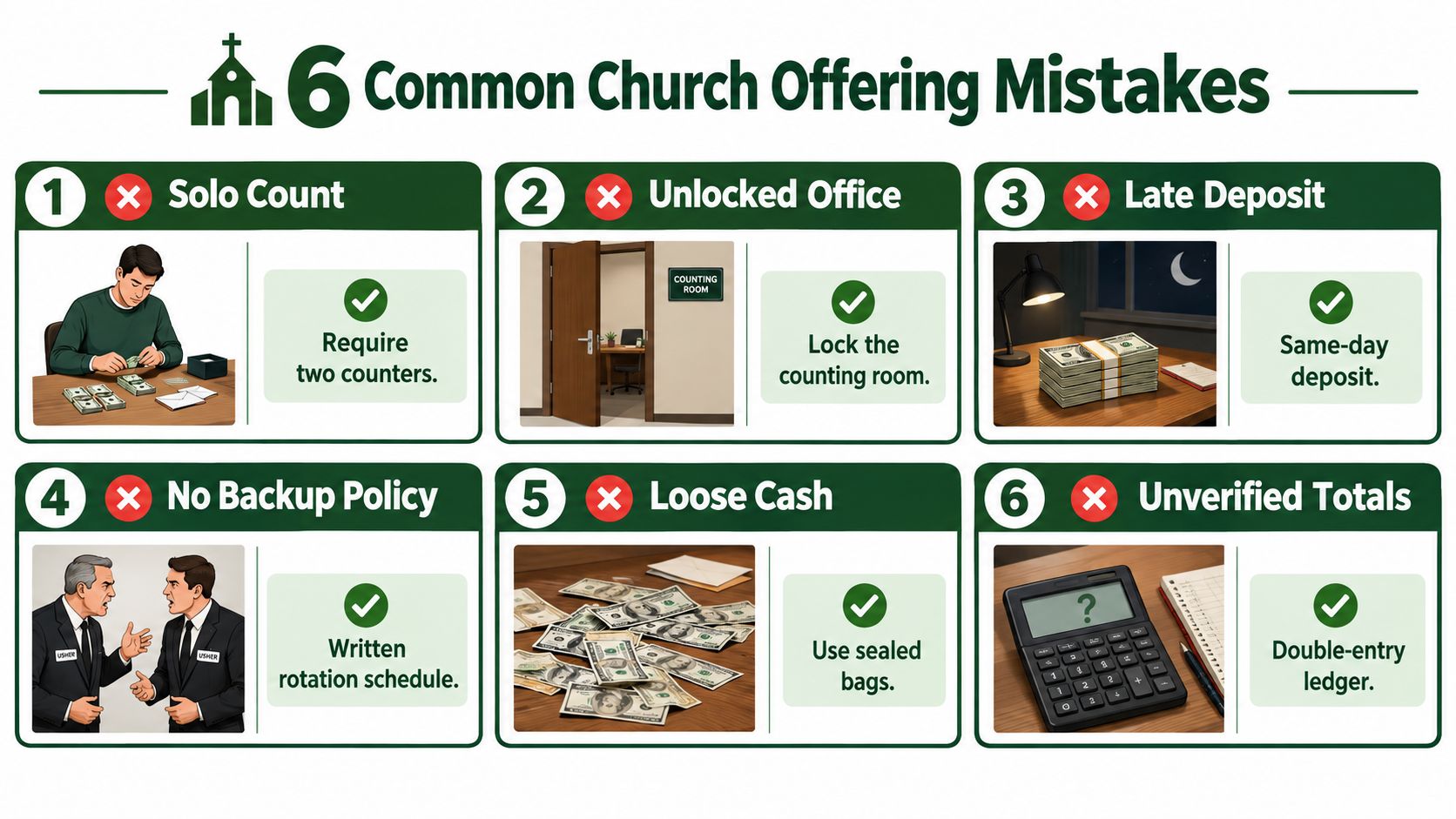 An infographic titled 6 Common Church Offering Mistakes showing financial security practices for counting church donations.