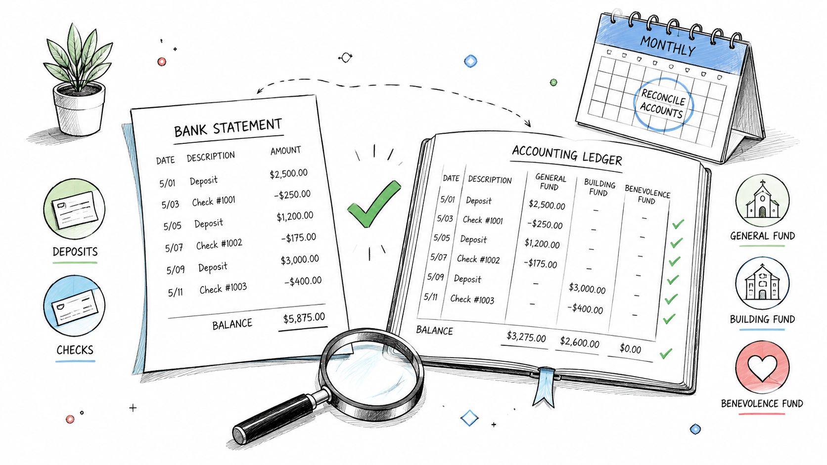 An illustration showing a bank statement being reconciled against an accounting ledger with a magnifying glass.