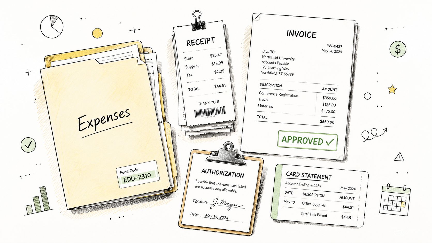 A folder labeled Expenses with receipts, an invoice, an authorization form, and a card statement displayed.