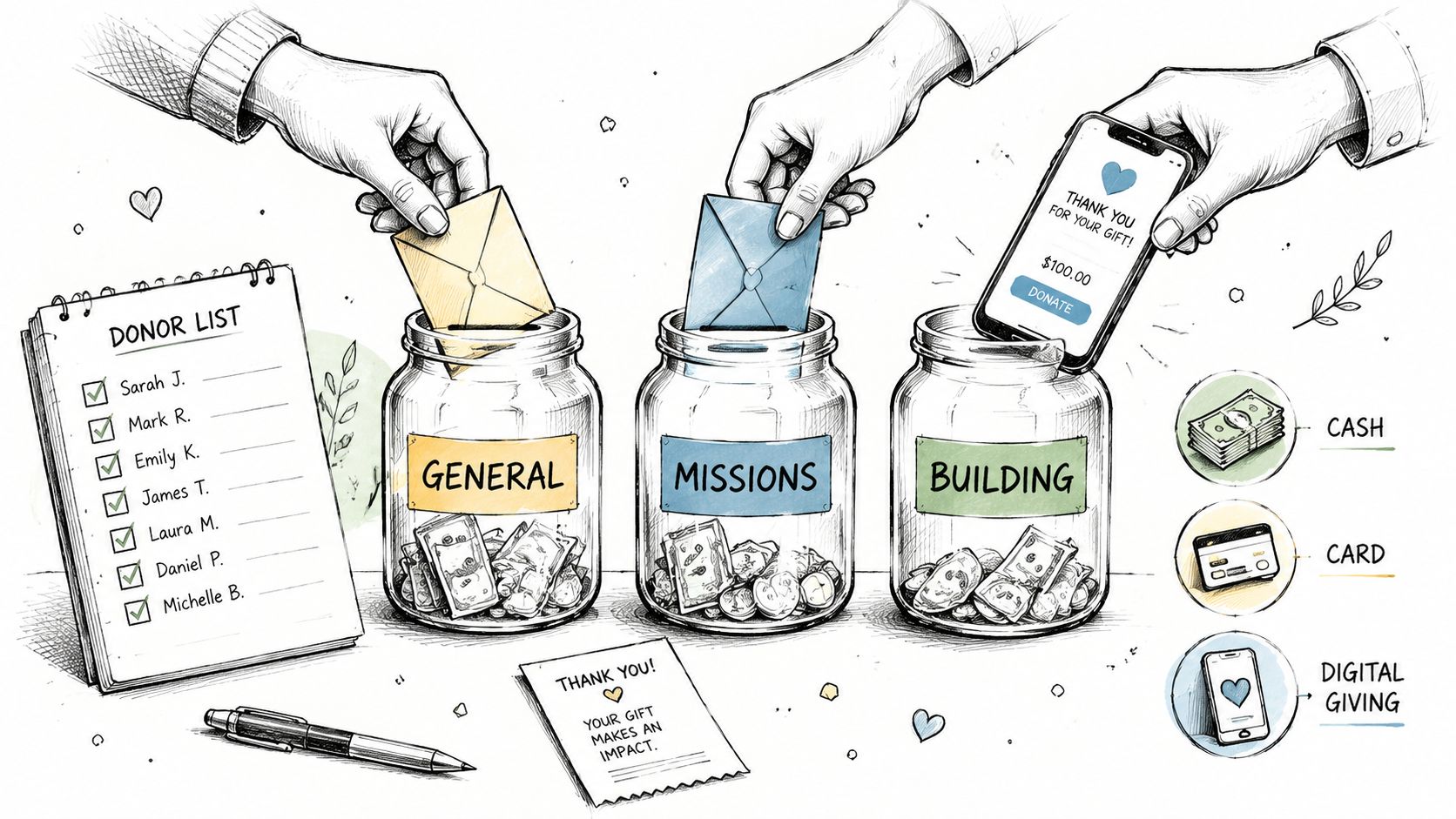 A hand-drawn illustration showing donors contributing funds to three labeled glass jars for church or charity fundraising.