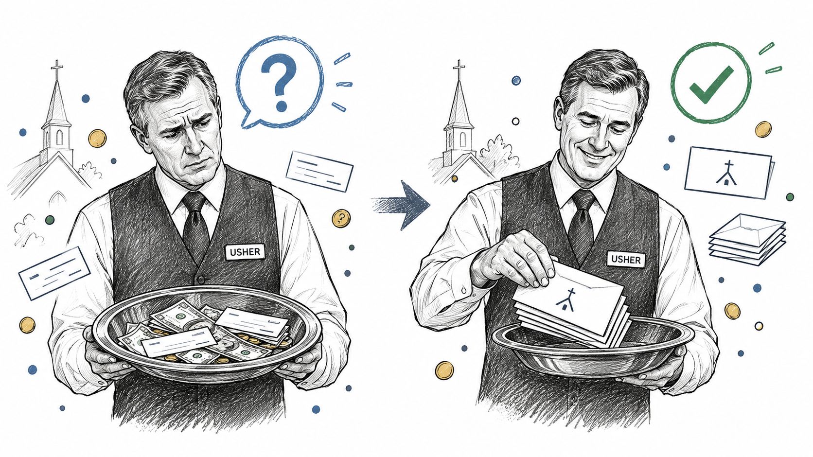 A church usher looking confused with loose cash and checks, contrasted with a smiling usher using envelopes.