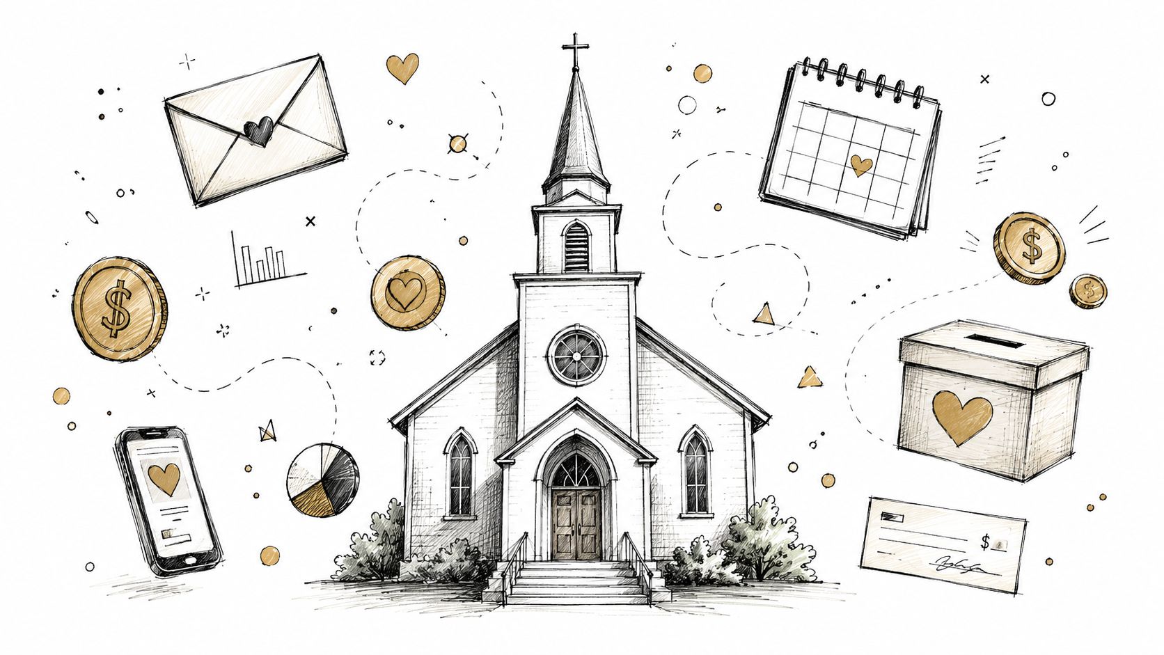 A hand-drawn illustration featuring a church surrounded by icons representing donations, finance, mobile giving, and planning.