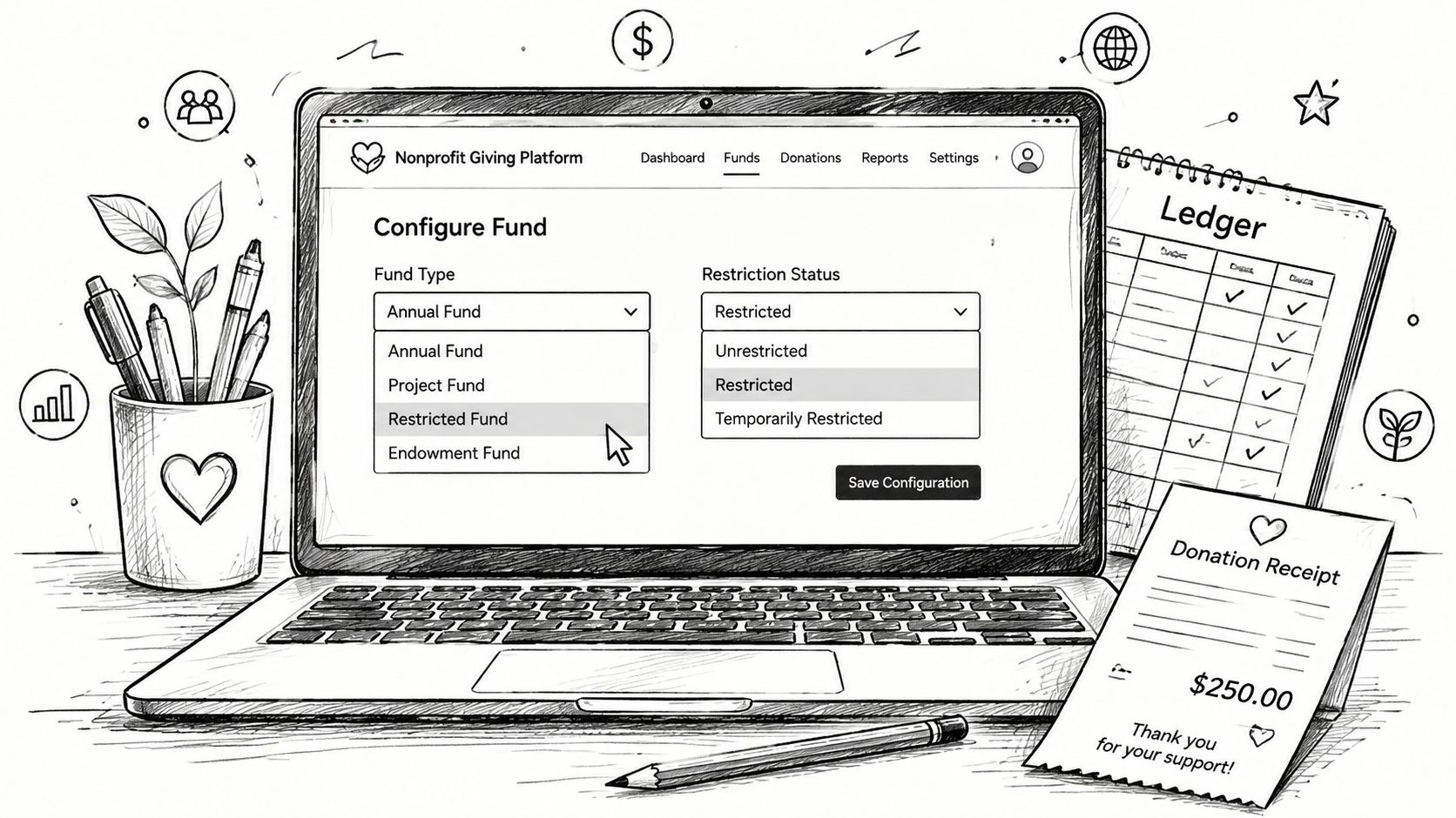 A line-art illustration of a laptop screen showing a nonprofit fund configuration dashboard with accounting tools.