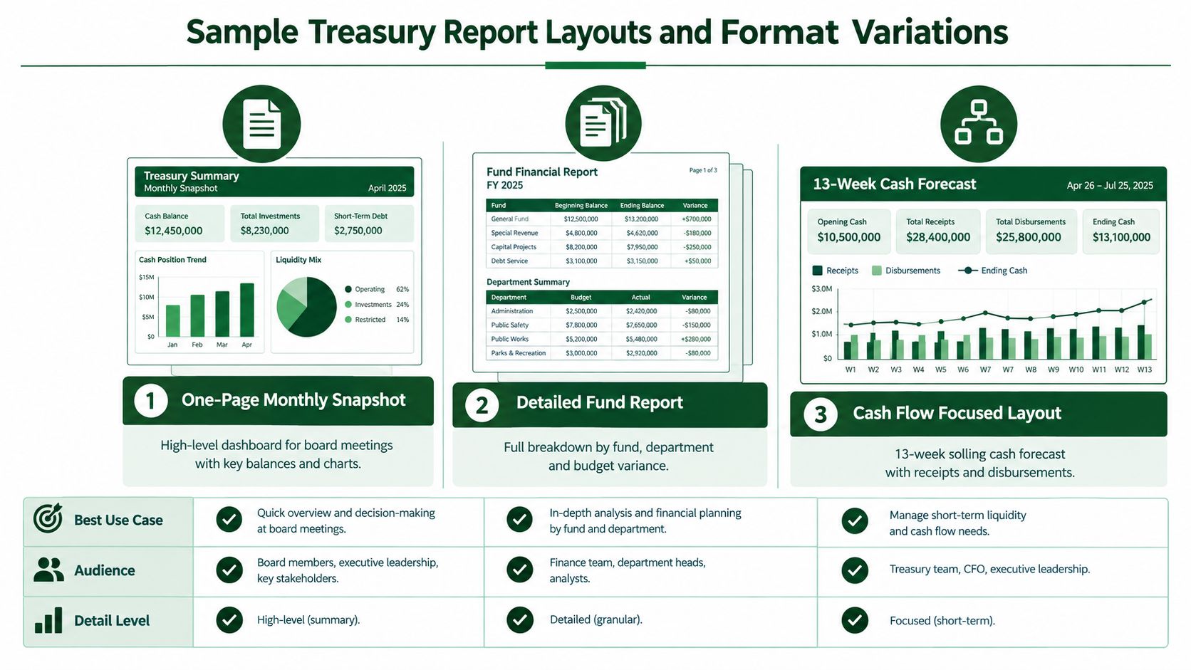 An infographic displaying three distinct types of treasury report layouts used for financial management and reporting.