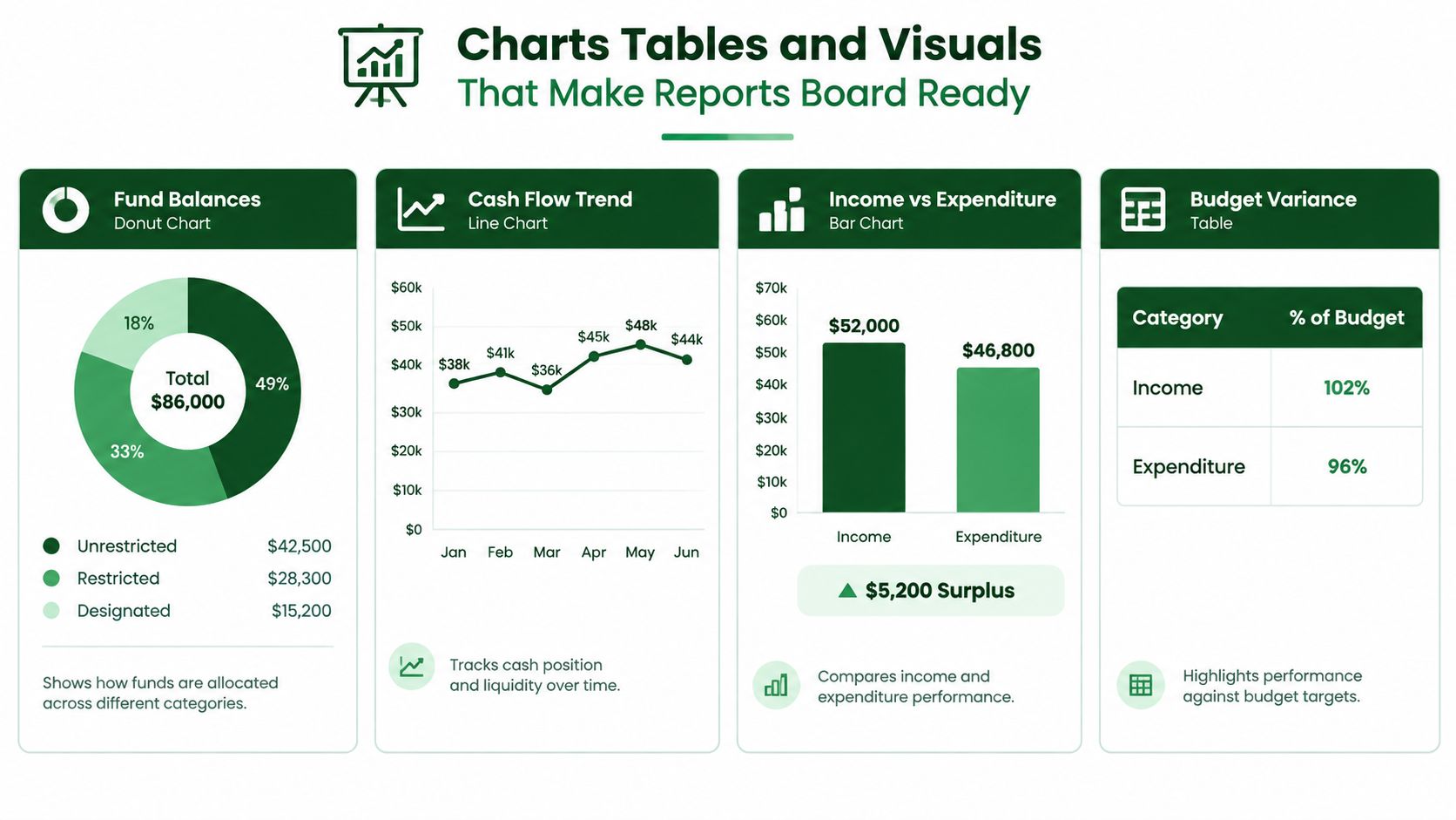 A dashboard infographic presenting four distinct financial reporting visuals for board presentations and professional budget tracking analysis.