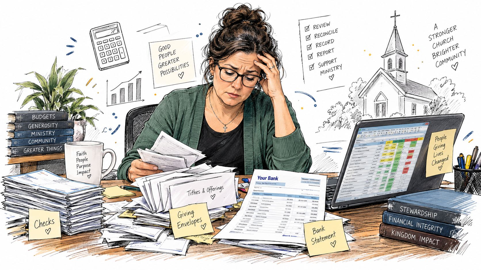 A stressed woman works at a desk cluttered with church tithe envelopes, checks, and financial spreadsheets.