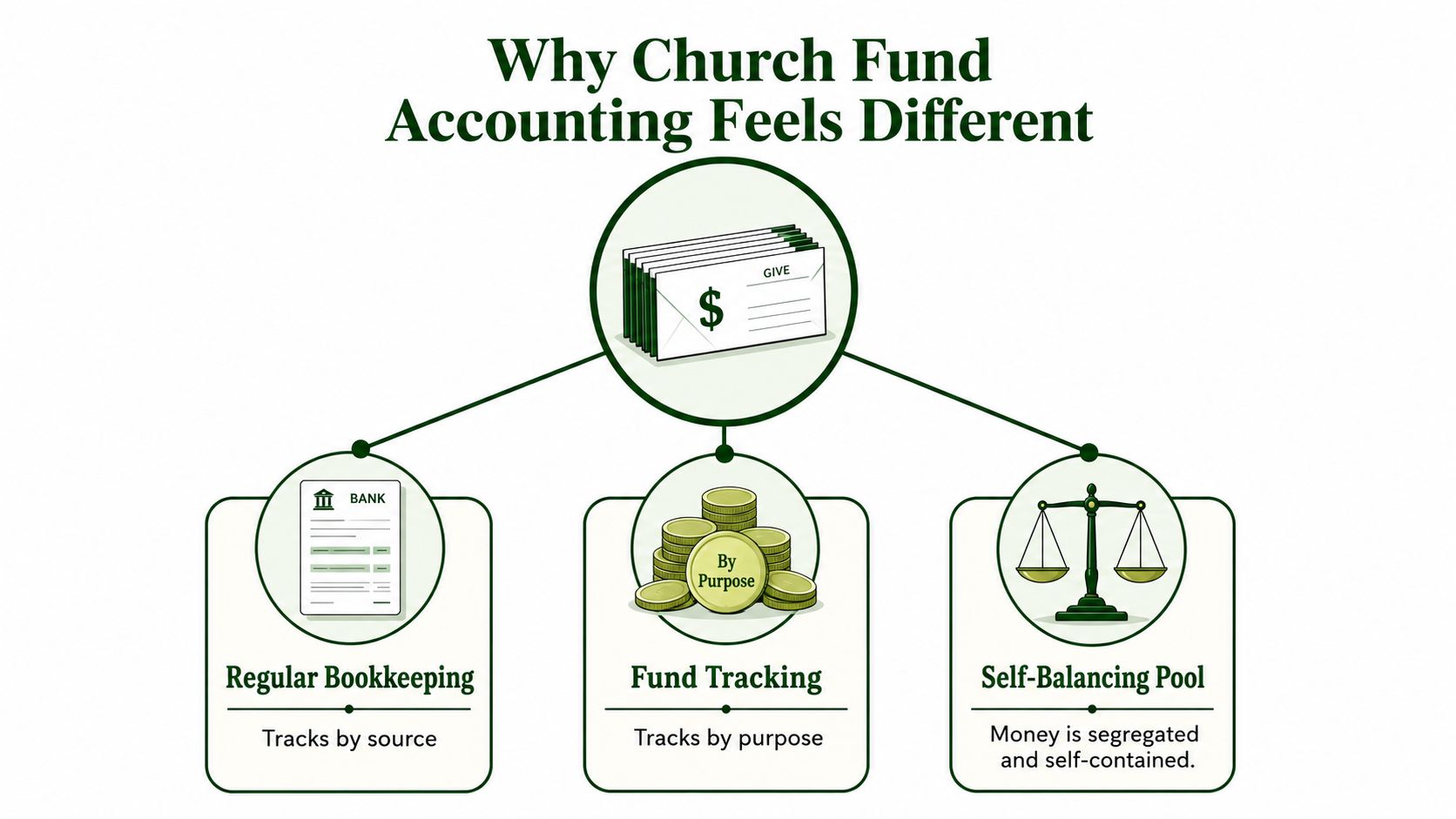A diagram explaining the three key components of church fund accounting: bookkeeping, fund tracking, and self-balancing pools.