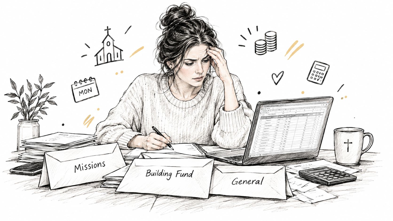 A woman looks stressed while managing church financial records with envelopes labeled Missions, Building Fund, and General.