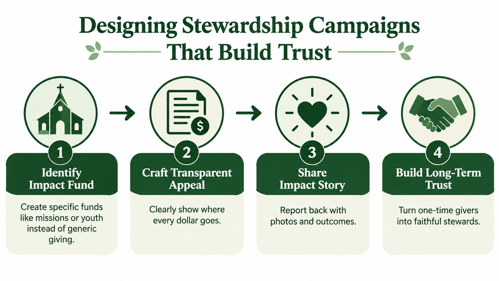 An infographic showing four steps for designing church stewardship campaigns that successfully build trust with donors.