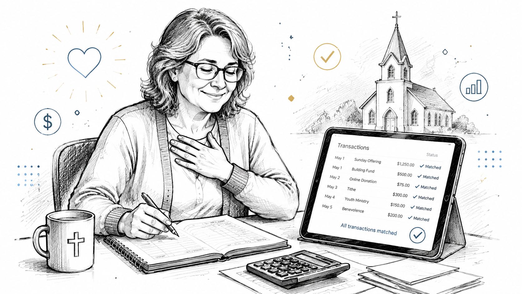 A woman contentedly reviewing church financial records on a digital tablet and notebook at her desk.