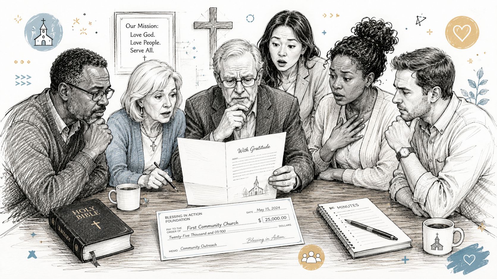 A diverse group of people looking at a church donation check with gratitude and concern.