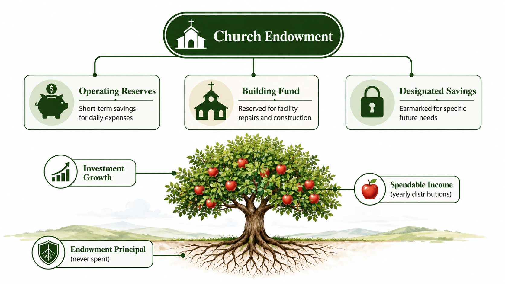 A diagram illustrating church endowment structures including savings funds, investment growth, spendable income, and endowment principal.