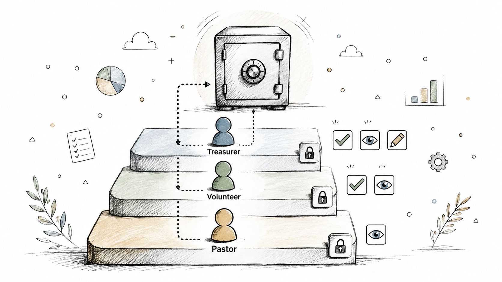 A hierarchy diagram showing three roles, Treasurer, Volunteer, and Pastor, interacting with a secure safe representing data access.