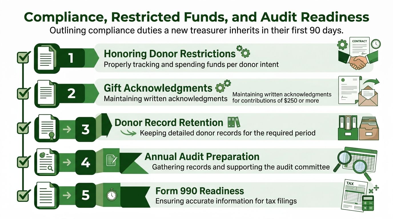 A flowchart outlining five key compliance duties for a new church treasurer, including donor records and audits.