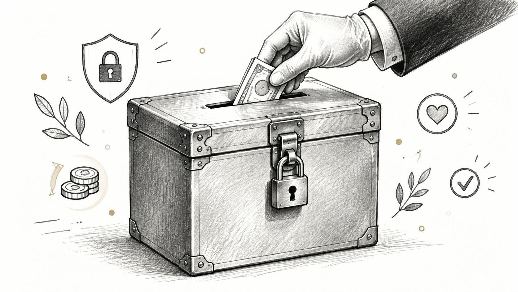 A gloved hand inserting a dollar bill into a secure, padlocked wooden donation or offering box.