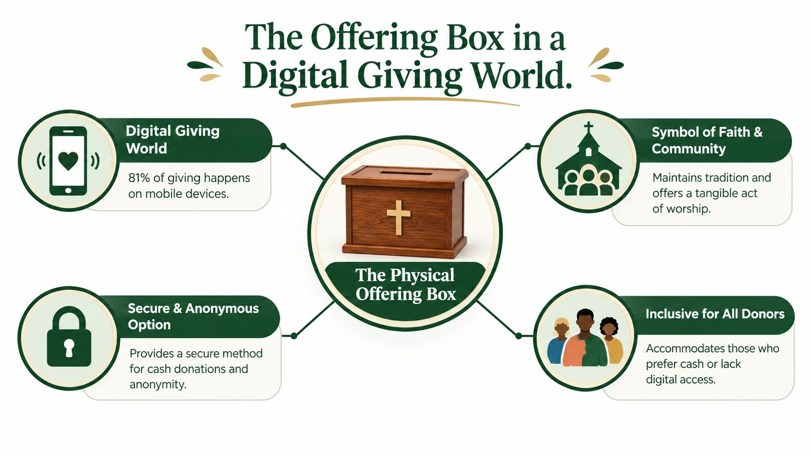 An infographic showing the benefits of a physical church offering box in a digital giving world.
