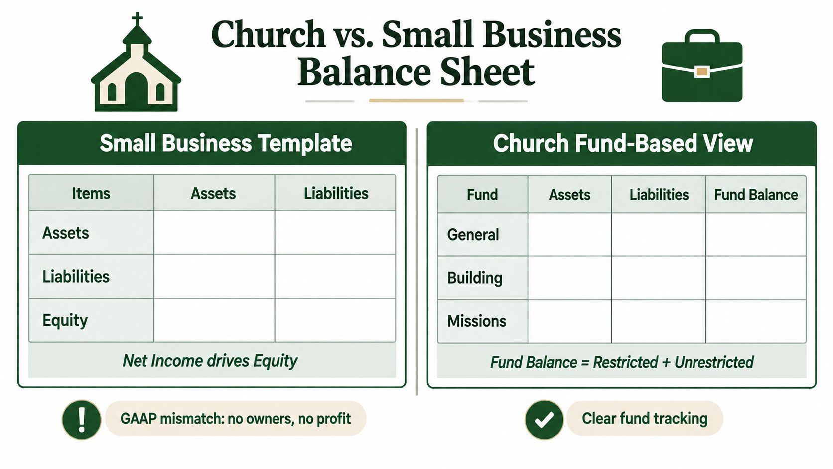 A comparison chart showing the differences between a standard business balance sheet and a church fund-based view.